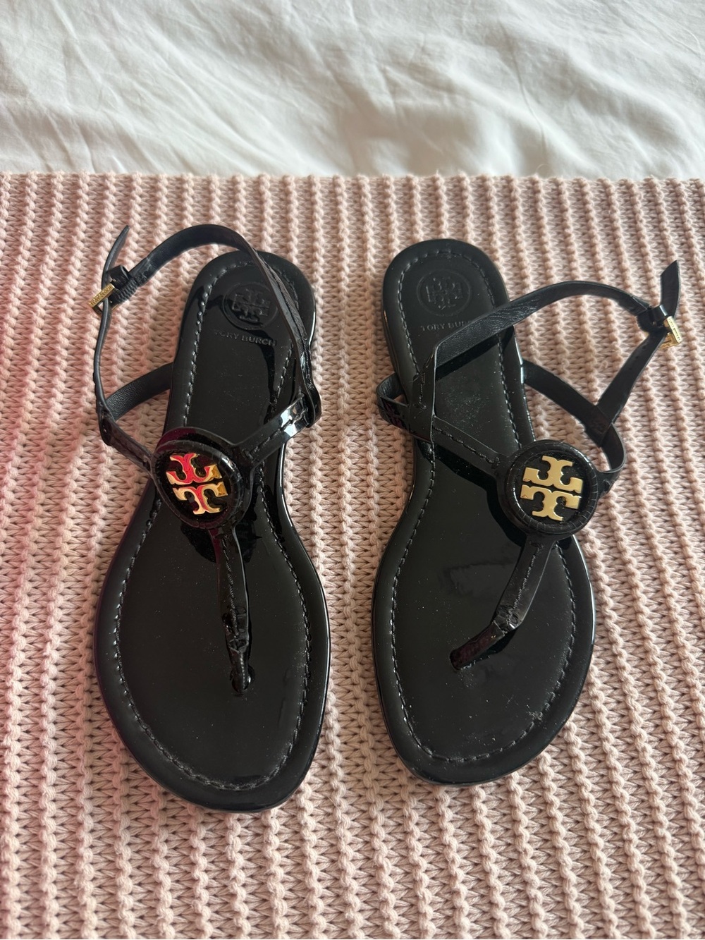 Tory Burch Black Patent Logo Thong Sandals with Gold Emblem